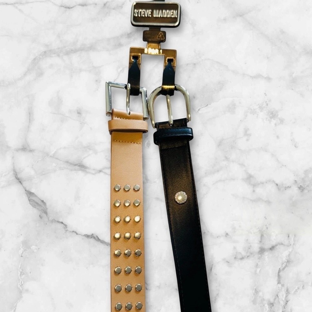 Steve Madden Woman's 2 Pack Belts Tan Studded and Solid Black Medium